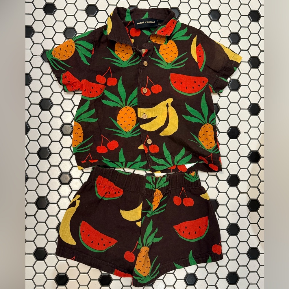 Mini Rodini Brown and Fruit Print Shorts Set